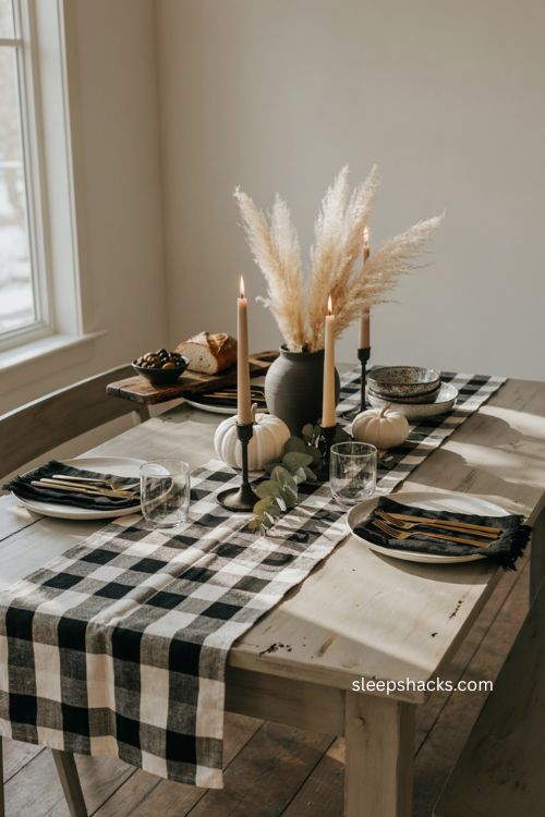 buffalo check table runner black and white thanksgiving farmhouse table decor