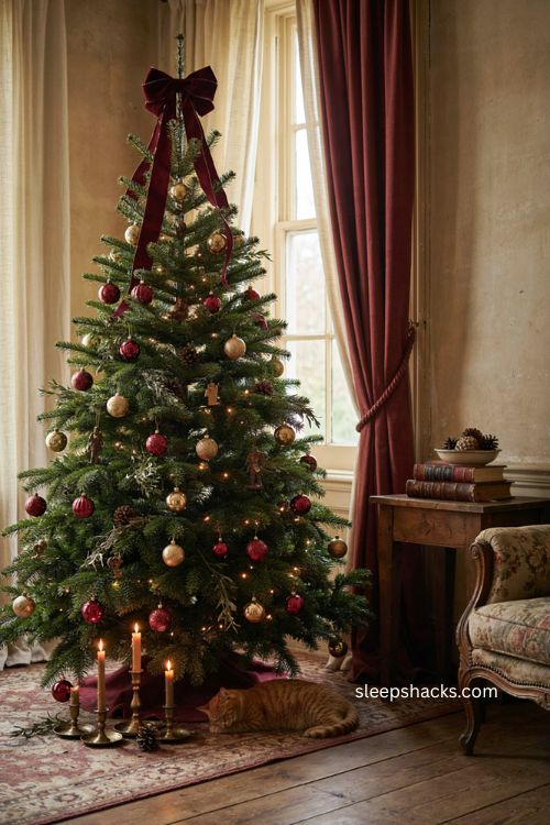 burgundy velvet ribbon Christmas tree topper ideas 