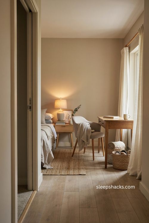 calm neutral guest room office with warm oatmeal and greige decor 