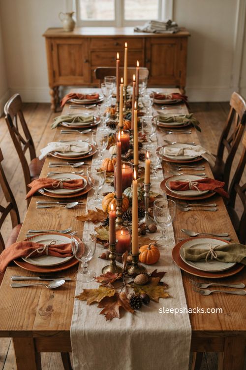 candlelight ambiance dollar tree thanksgiving table setting with amber candles and autumn gourds 