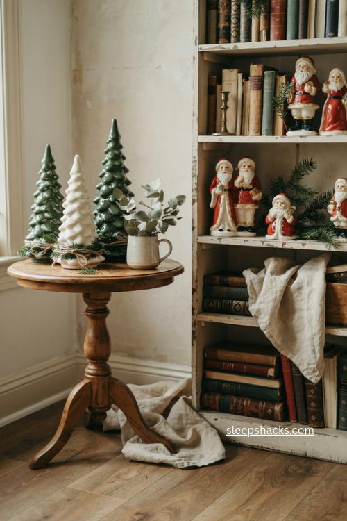 ceramic christmas trees and vintage santa collection in cozy cottage decor 