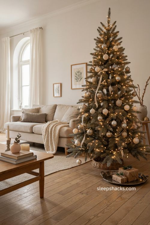 champagne silver Christmas tree with ivory ornaments and warm white lights 