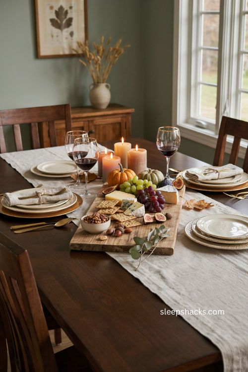 cheeseboard centerpiece dollar tree thanksgiving table setting for two with grapes and pumpkins 