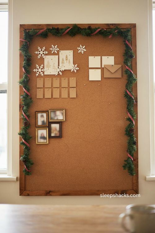 christmas bulletin board office decor with evergreen garland and paper snowflakes 