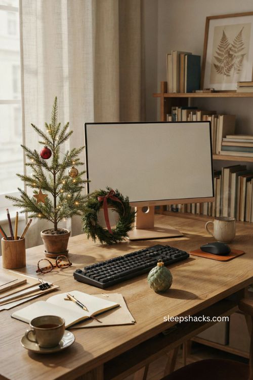 christmas desk decor with a miniature tree wreath and holiday mug 
