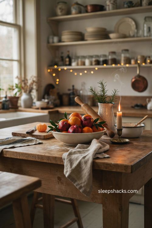 christmas fruit bowl with greenery on a cozy kitchen island 