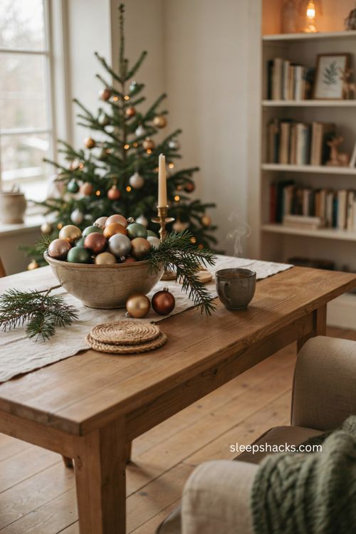 christmas living room ornament bowl with metallic and matte christmas balls 