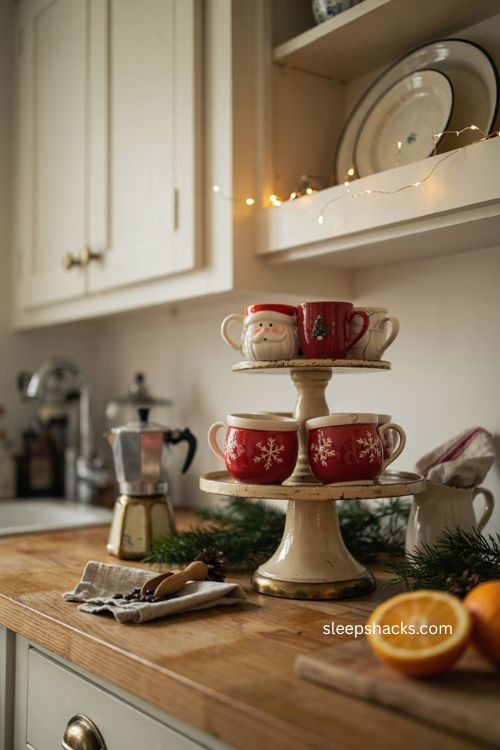 christmas mugs stacked on a cake stand in a cozy kitchen 