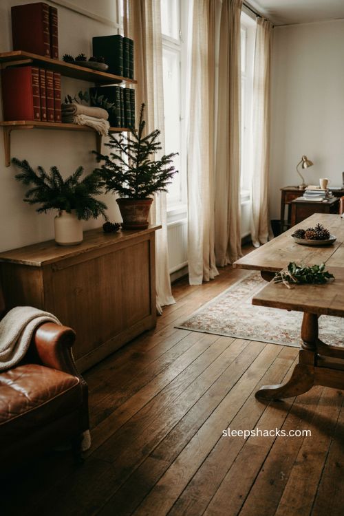 christmas office greenery with evergreen branches pinecones and potted trees 