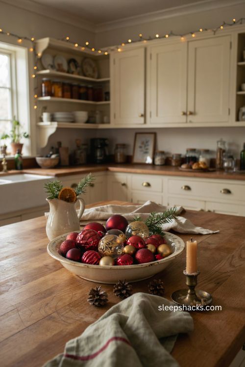 christmas ornament bowl centerpiece for a cozy kitchen island 