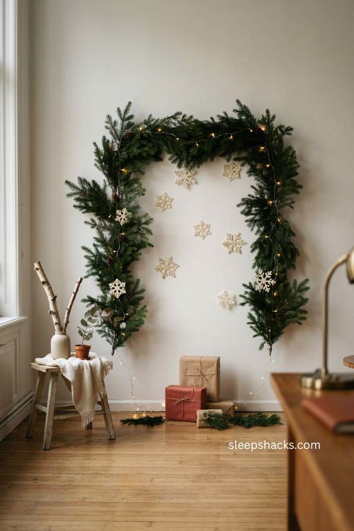 christmas photo wall office decor with greenery string lights and snowflakes