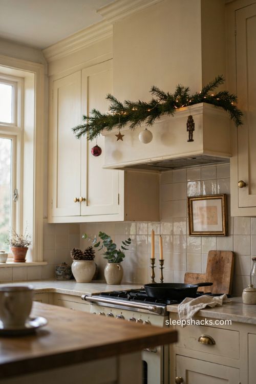 christmas range hood decor with evergreen garland and ornaments 
