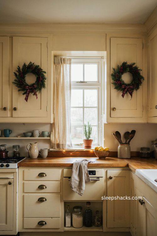 christmas wreaths on kitchen cabinet doors with plaid ribbon 