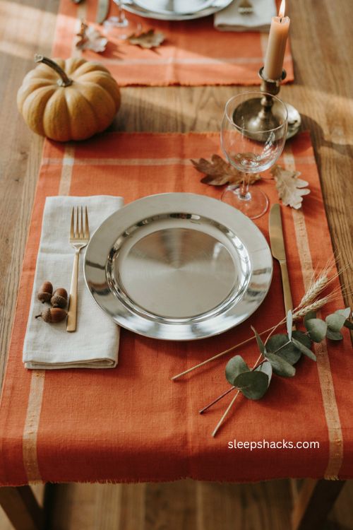 chrome plate modern dollar tree thanksgiving table setting with cream napkins and autumn placemat 