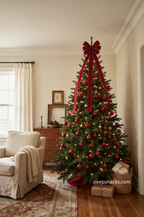 classic red wired ribbon bow Christmas tree topper ideas