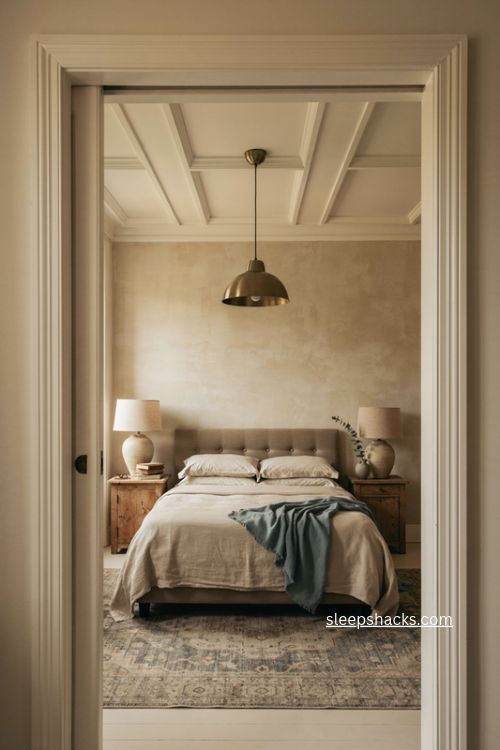 coffered ceiling and statement lighting ideas for main bedrooms