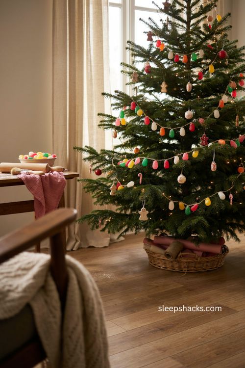 colorful gumdrop candy garland on a whimsical christmas tree 