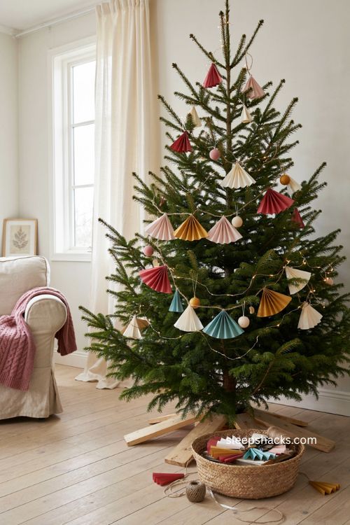colorful paper fan garland on a green christmas tree 