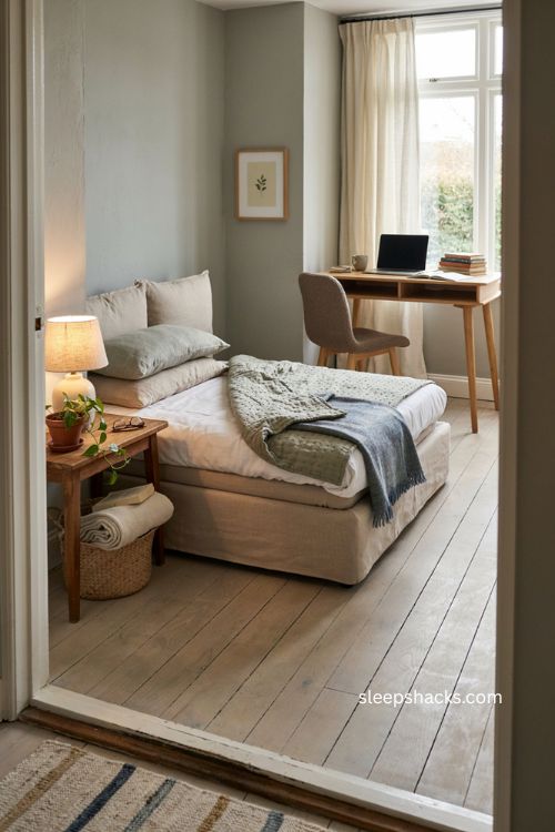 comfortable sleeper sofa guest room office with cozy bedding and workspace 