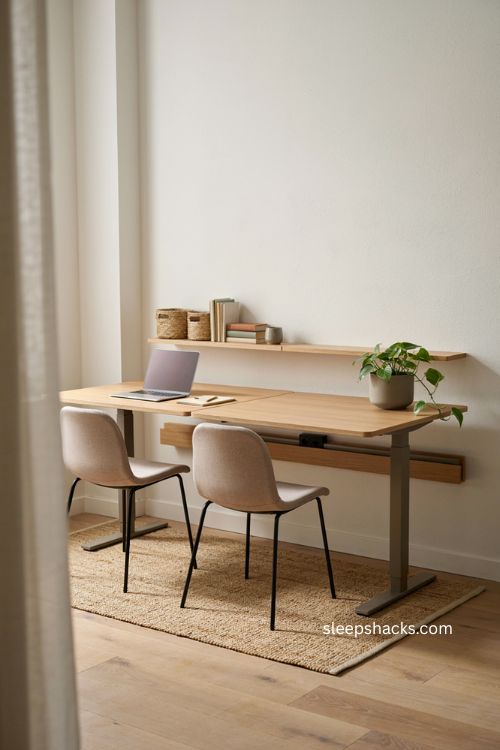 compact bench style double desk home office with two adjustable workstations