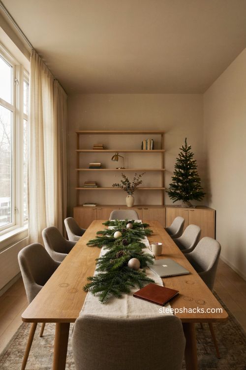conference room christmas decor with low greenery centerpiece and small tree 