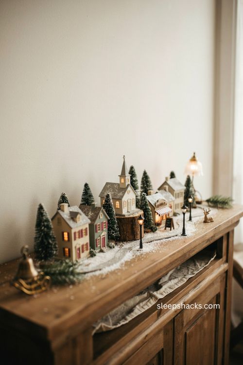 consistent scale snow village display with coordinated miniature christmas buildings 