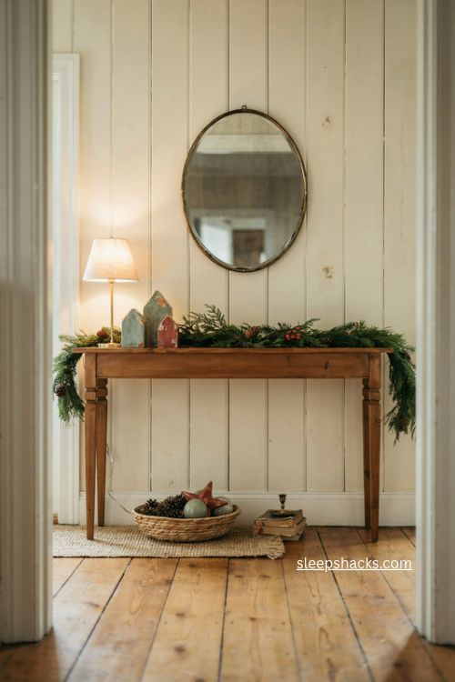 console table christmas decor with cozy garland and vintage entryway style 