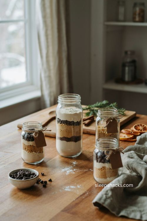 cookie mix in a jar diy christmas gift with layered ingredients and rustic holiday kitchen