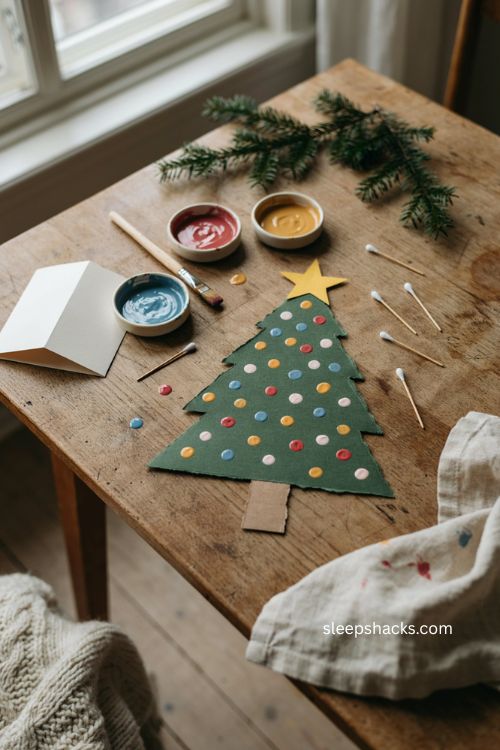 cotton bud christmas tree lights craft for toddlers with colorful paint dots paper tree and handmade star 