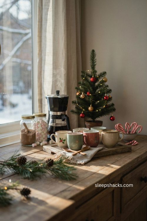 cozy christmas coffee station office break room decor with mugs and cocoa 