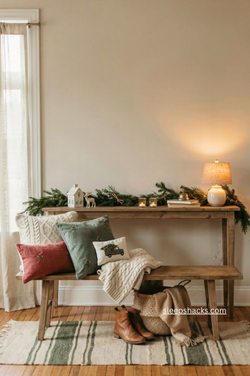 cozy christmas console table entryway with pillows knit blanket and woven basket 