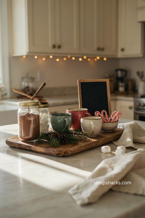 cozy christmas hot cocoa station on a kitchen counter 