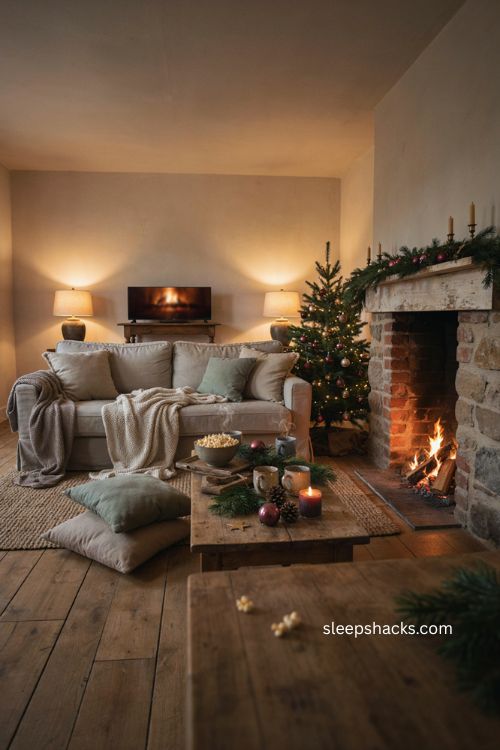 cozy christmas living room movie night with fireplace blankets popcorn and warm lights 