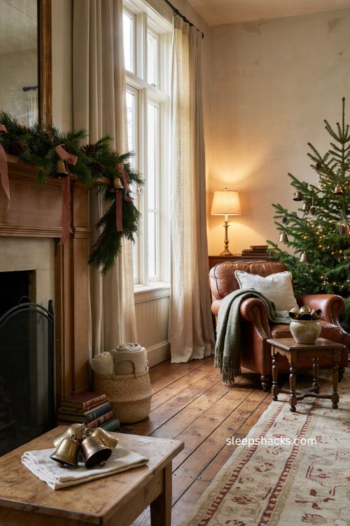 cozy christmas living room with antique bells ribbon garland and vintage holiday decor 