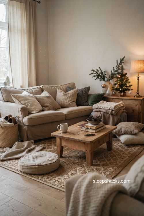 cozy christmas living room with extra throw pillows neutral cushions and floor seating 