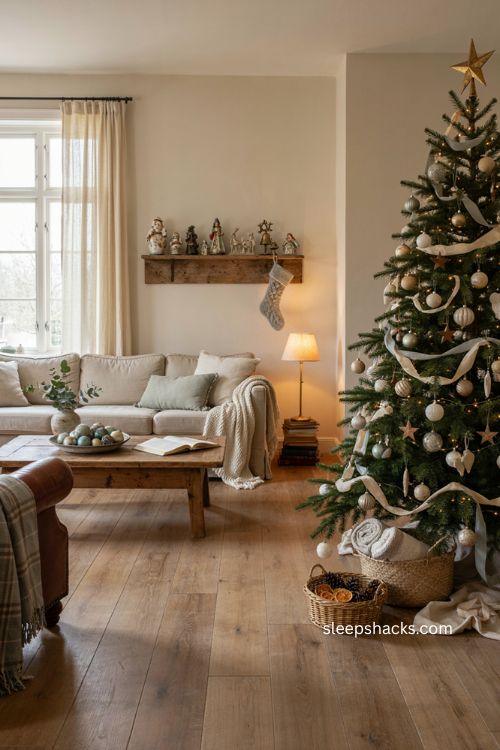 cozy christmas living room with grouped colors neutral pillows blankets and vintage decor 