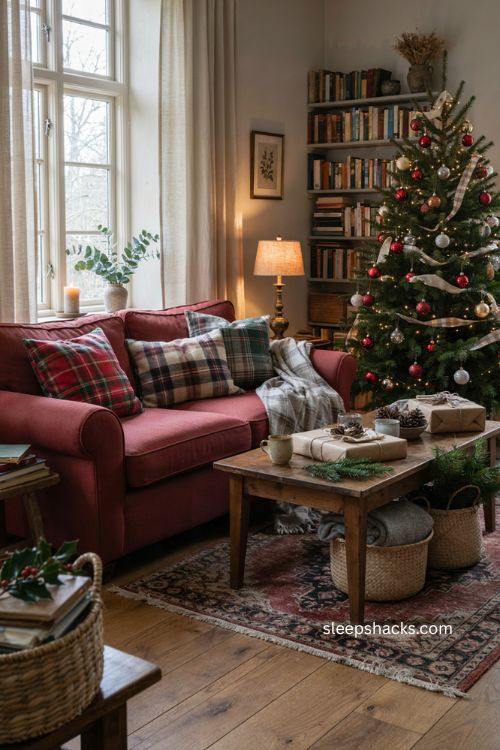 cozy christmas living room with layered plaid pillows blankets and festive tree ribbon 