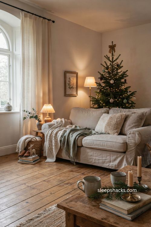cozy christmas living room with neutral textures soft blankets and warm lighting