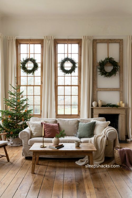 cozy christmas living room with small window wreaths ribbon and evergreen decor 