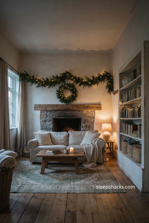 cozy christmas living room with twinkle lights warm mantel garland and evening glow 