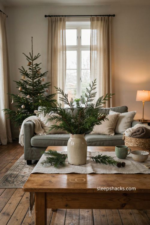cozy christmas living room with winter greenery in a weathered vase 