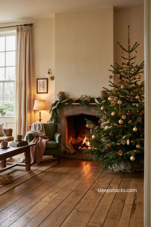 cozy christmas tree with dried orange slices rustic greenery ornaments and ribbon 