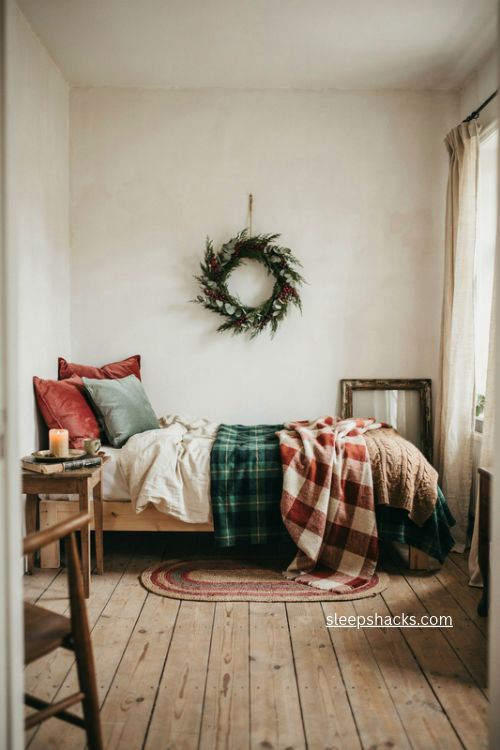 cozy cottage christmas guest room with flannel sheets plaid blankets and velvet pillows 
