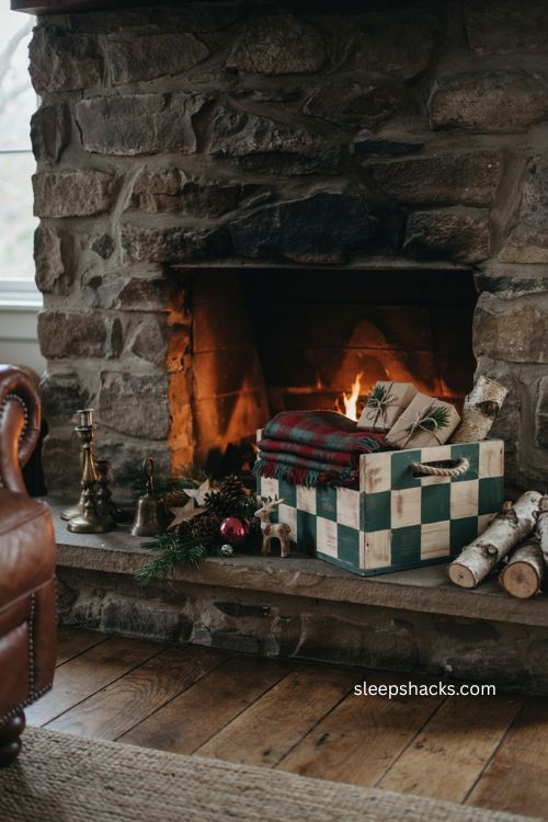 cozy fireside wood bin made from a plaid painted rustic wooden crate with jute handle and Christmas blankets 
