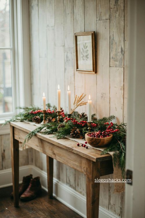 cranberry garland and evergreen console table christmas decor with candles and pinecones 