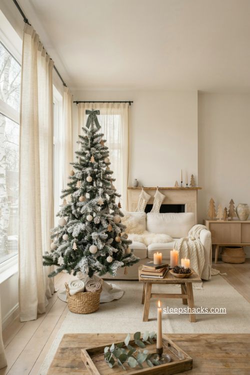 cream and natural wood christmas living room with flocked tree and cozy neutral decor 
