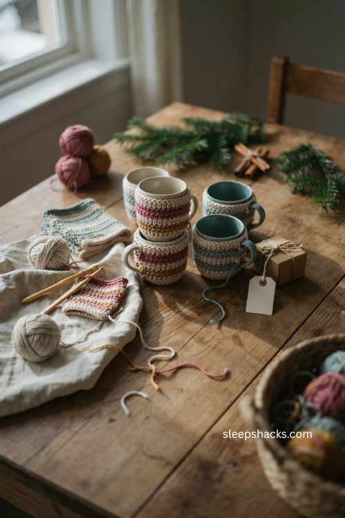 crocheted coffee cup cozy diy christmas gift with colorful yarn and handmade mug warmer