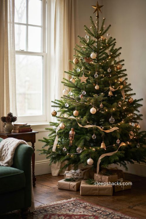 ```text id="p4v8cx" crystal bead picks tucked into a traditional green christmas tree ``` 