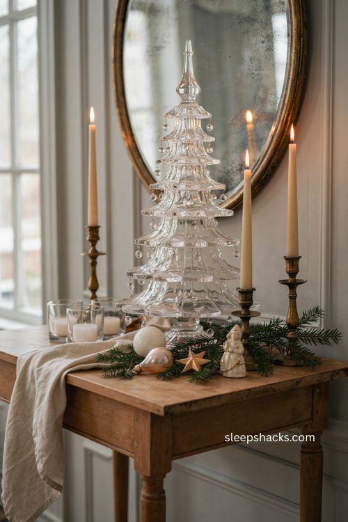 ```text crystal christmas tree with elegant icy holiday sparkle on a vintage console table ``` 