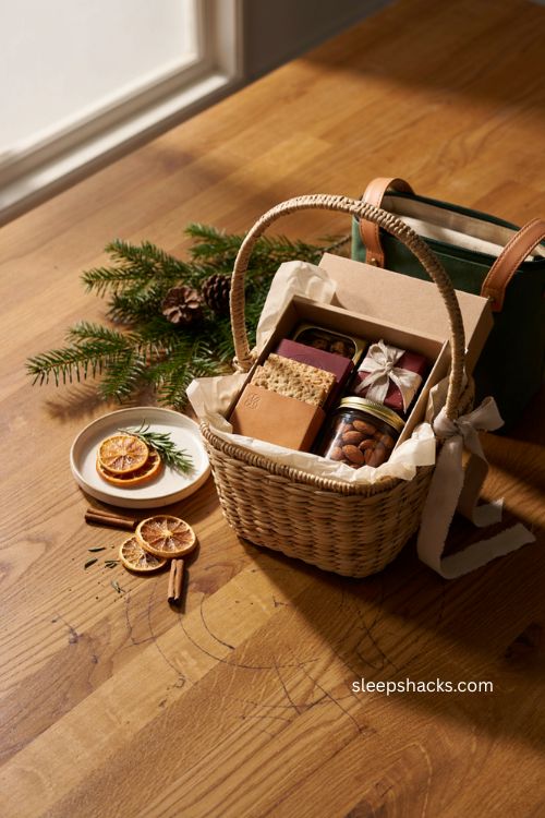 curated Christmas client gift hamper with gourmet snacks reusable cooler bag and thoughtful holiday details 